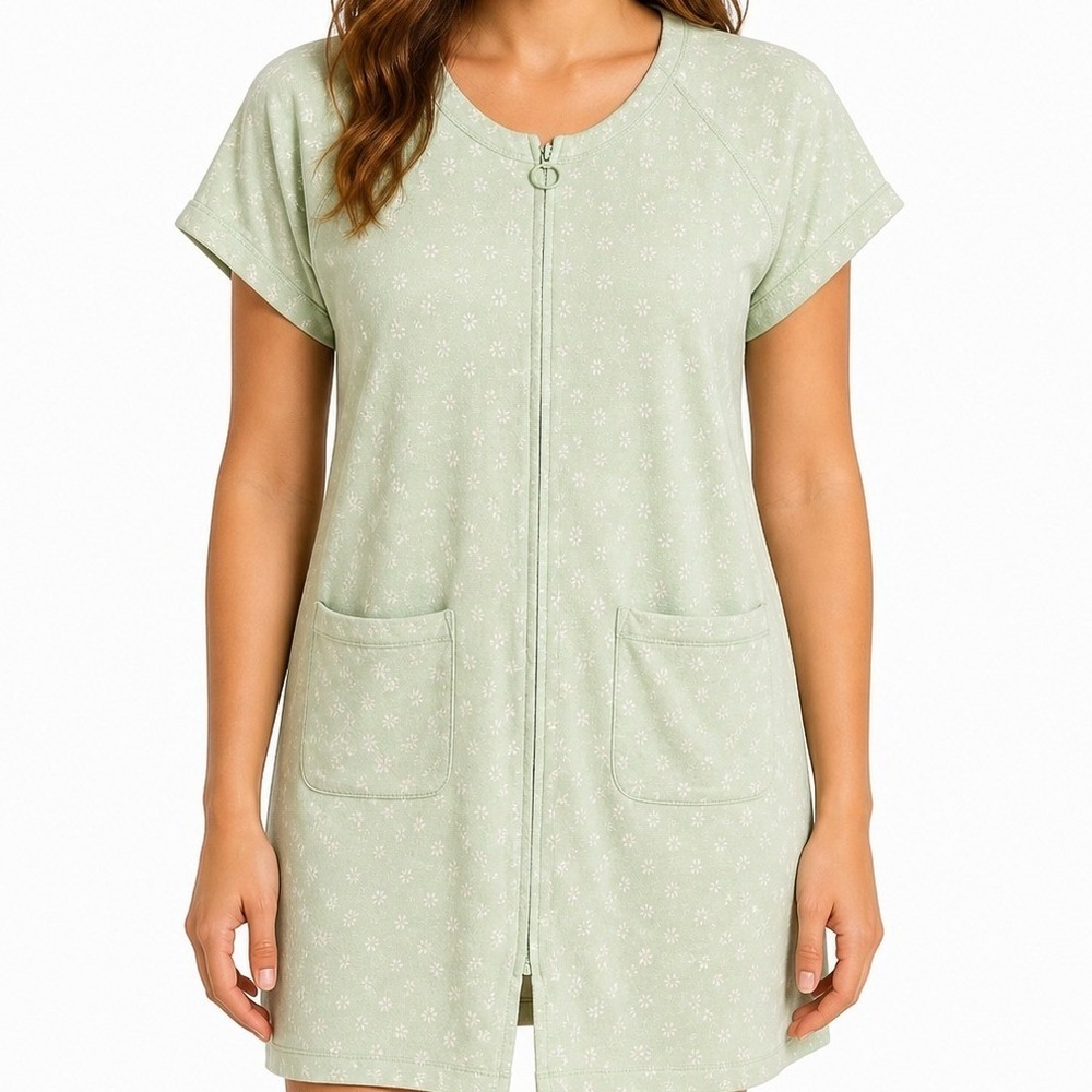 Vintage Charter Club 100% Cotton Green Floral Full Zip Front Nightgown Size L‎